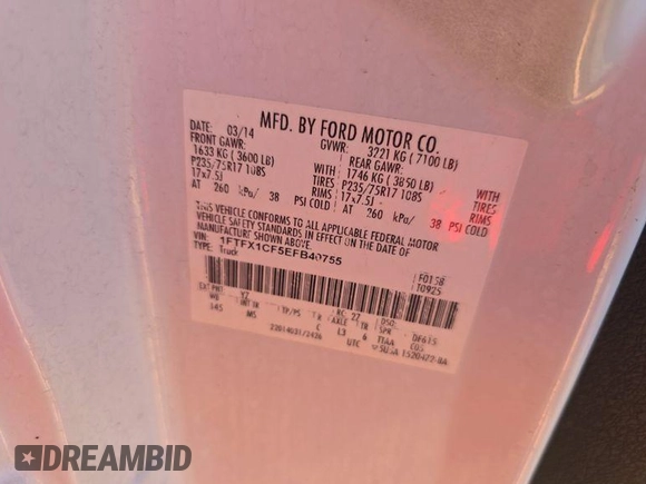 2014 Ford F-150 XL с VIN 1FTFX1CF5EFB40755, выставлен на аукционе IAAI как лот 42509610 с пробегом 237 761 миль миль и . История ставок и продаж доступна на DreamBid. Изображение 8.