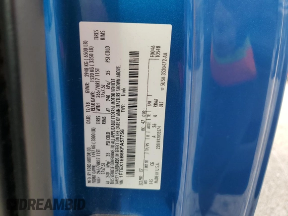 2019 Ford F-150 XL z VIN 1FTEX1EB6KFA57756, wystawiony jako Copart lot #60434115 z przebiegiem 120 233 mil mil oraz Szkoda całkowita • Salvage title. Historia ofert i sprzedaży dostępna na DreamBid. Obrazek 12.