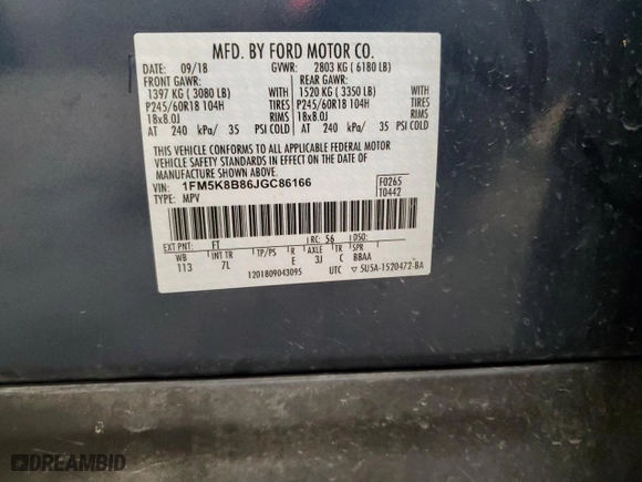 2018 Ford Explorer with VIN 1FM5K8B86JGC86166, listed as a Copart auction lot 76948504 with 52,508 mi miles and Salvage Title. Bid and sale history available at carsss.com. Image 15.