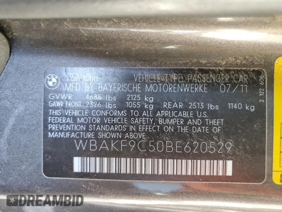 2011 BMW 3 Series 335i xDrive with VIN WBAKF9C50BE620529, listed as a Copart auction lot 41886045 with 98,315 mi miles and Salvage Title. Bid and sale history available at carsss.com. Image 12.