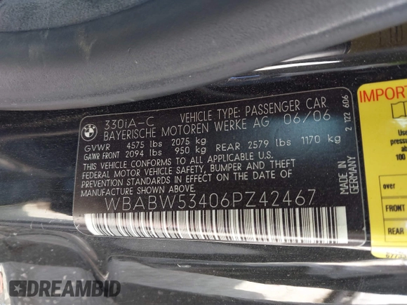 2006 BMW 3 Series 330Ci with VIN WBABW53406PZ42467, listed as a IAAI auction lot 41771449 with 204,527 mi miles. Bid and sale history available at carsss.com. Image 9.