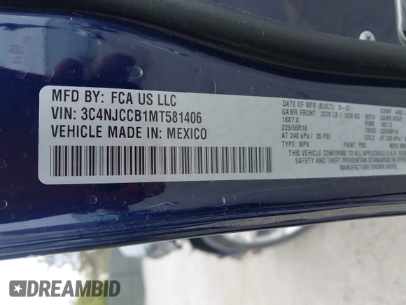 2021 Jeep Compass Limited with VIN 3C4NJCCB1MT581406, listed as a IAAI auction lot 41934159 with 22,967 mi miles and . Bid and sale history available at DreamBid. Image 9.