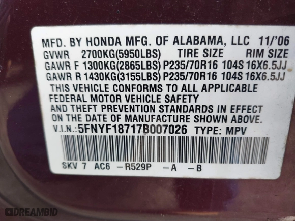 2007 Honda Pilot EX-L with VIN 5FNYF18717B007026, listed as a IAAI auction lot 41741772 with 277,686 mi miles. Bid and sale history available at carsss.com. Image 9.