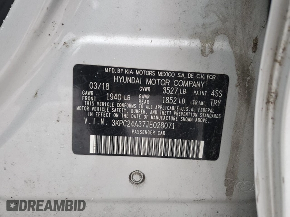 2018 Hyundai Accent SEL with VIN 3KPC24A37JE028071, listed as a Copart auction lot 85976434 with 0 mi miles and Clean Title. Bid and sale history available at carsss.com. Image 12.