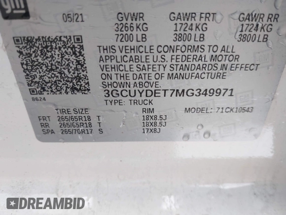2021 Chevrolet Silverado 1500 LT with VIN 3GCUYDET7MG349971, listed as a IAAI auction lot 41186168 with 48,335 mi miles. Bid and sale history available at carsss.com. Image 9.