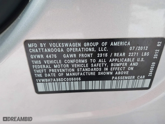 2013 Volkswagen Passat SE w/Sunroof with VIN 1VWBH7A35DC005005, listed as a IAAI auction lot 41150825 with 90,467 mi miles. Bid and sale history available at carsss.com. Image 9.
