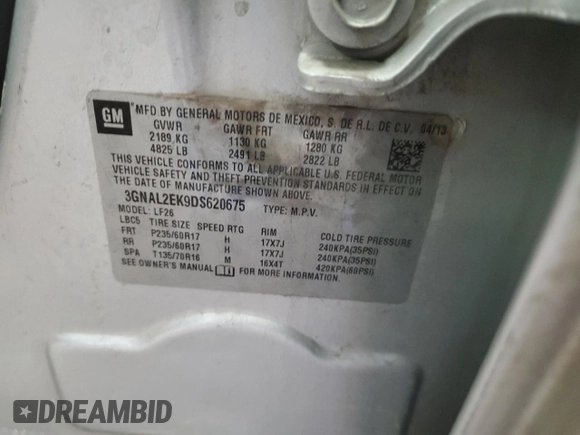 2013 Chevrolet Captiva Sport LS with VIN 3GNAL2EK9DS620675, listed as a Copart auction lot 60284214 with 241,208 mi miles and Clean Title. Bid and sale history available at DreamBid. Image 13.