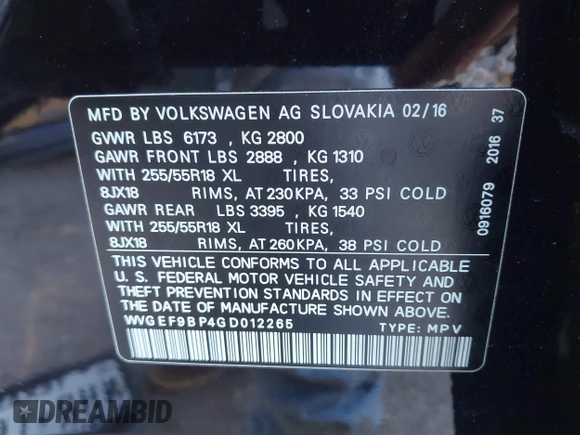 2016 Volkswagen Touareg Sport with VIN WVGEF9BP4GD012265, listed as a IAAI auction lot 41208383 with 69,205 mi miles and . Bid and sale history available at DreamBid. Image 9.