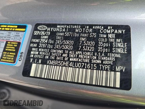 2020 Hyundai Palisade Limited with VIN KM8R5DHE4LU071615, listed as a IAAI auction lot 42566424 with 62,562 mi miles and . Bid and sale history available at DreamBid. Image 12.