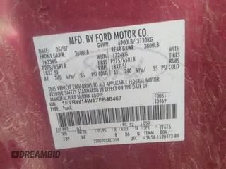 2007 Ford F-150 XLT с VIN 1FTRW14W57FB48467, выставлен на аукционе IAAI как лот 41143476 с пробегом 262 147 миль миль и . История ставок и продаж доступна на DreamBid. Изображение 9.