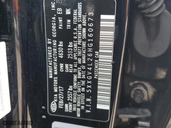 2017 Kia Optima SX Limited with VIN 5XXGV4L26HG160673, listed as a Copart auction lot 43617975 with 35,064 mi miles and Salvage Title. Bid and sale history available at carsss.com. Image 12.