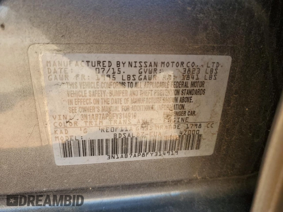 2015 Nissan Sentra SV with VIN 3N1AB7AP8FY314919, listed as a Copart auction lot 50491565 with 142,558 mi miles and Salvage Title. Bid and sale history available at carsss.com. Image 15.