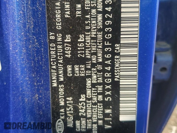 2015 Kia Optima SX Turbo with VIN 5XXGR4A63FG392431, listed as a Copart auction lot 59725135 with 138,002 mi miles and Salvage title. Bid and sale history available at DreamBid. Image 12.