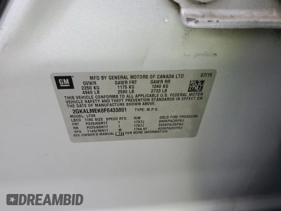 2015 GMC Terrain SLE with VIN 2GKALMEK8F6433891, listed as a Copart auction lot 58036295 with 120,735 mi miles and Salvage title. Bid and sale history available at DreamBid. Image 13.