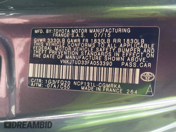 2015 Toyota Yaris L with VIN VNKJTUD33FA053390, listed as a IAAI auction lot 42100665 with 207,939 mi miles and . Bid and sale history available at carsss.com. Image 9.