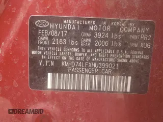 2017 Hyundai Elantra SE with VIN KMHD74LFXHU399021, listed as a Copart auction lot 51452275 with 70,500 mi miles and Salvage title. Bid and sale history available at DreamBid. Image 12.