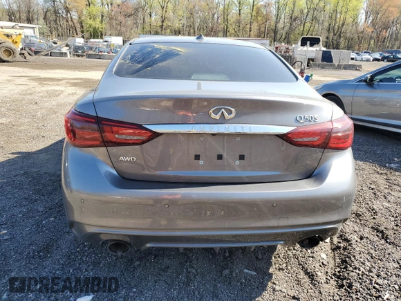 2019 Infiniti Q50 3.0t LUXE with VIN JN1EV7ARXKM590557, listed as a Copart auction lot 41850245 with 57,596 mi miles and Salvage Title. Bid and sale history available at carsss.com. Image 6.