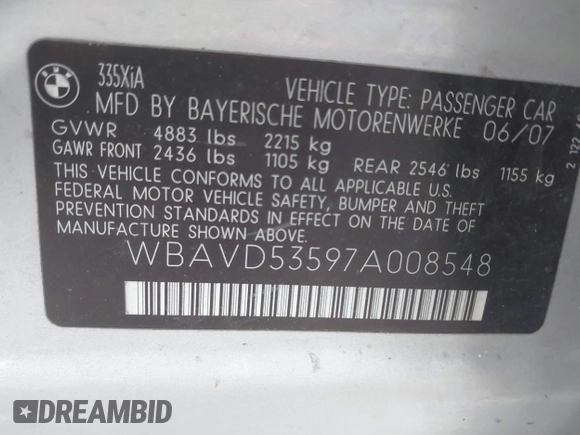 2007 BMW 3 Series 335xi with VIN WBAVD53597A008548, listed as a IAAI auction lot 41471614 with Not Provided miles and . Bid and sale history available at carsss.com. Image 9.