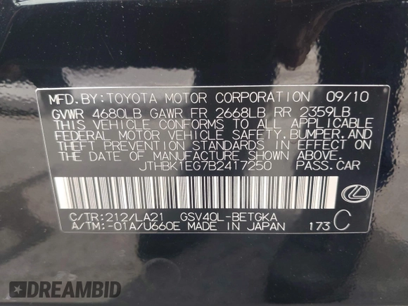 2011 Lexus ES 330 with VIN JTHBK1EG7B2417250, listed as a IAAI auction lot 42245051 with 171,323 mi miles and . Bid and sale history available at DreamBid. Image 9.