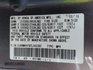 2015 Honda CR-V EX-L with VIN 5J6RM4H79FL042382, listed as a IAAI auction lot 41836496 with 249,111 mi miles. Bid and sale history available at carsss.com. Image 9.