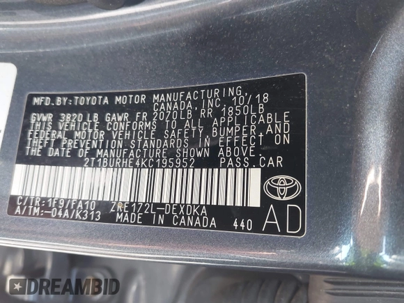 2019 Toyota Corolla L with VIN 2T1BURHE4KC195952, listed as a IAAI auction lot 42534523 with 144,238 mi miles and . Bid and sale history available at DreamBid. Image 9.