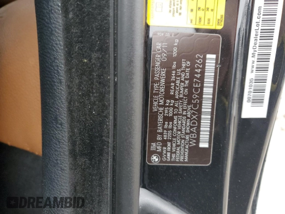 2012 BMW 3 Series 335i with VIN WBADX7C59CE744262, listed as a Copart auction lot 42444535 with 58,388 mi miles and Clean title. Bid and sale history available at DreamBid. Image 12.