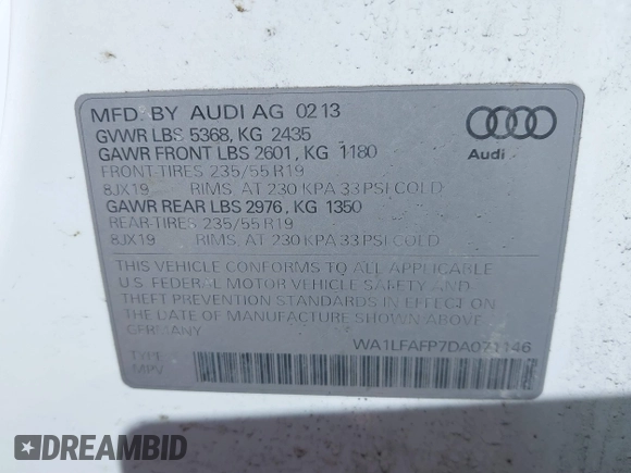 2013 Audi Q5 Premium Plus with VIN WA1LFAFP7DA071146, listed as a IAAI auction lot 41893809 with 174,106 mi miles. Bid and sale history available at carsss.com. Image 9.
