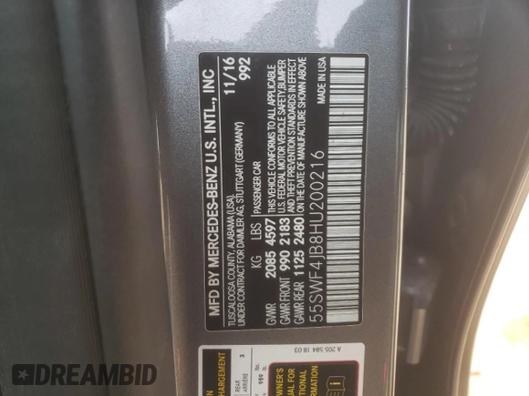 2017 Mercedes-Benz C C 300 with VIN 55SWF4JB8HU200216, listed as a Copart auction lot 41921635 with 55,132 mi miles and Salvage Title. Bid and sale history available at carsss.com. Image 14.
