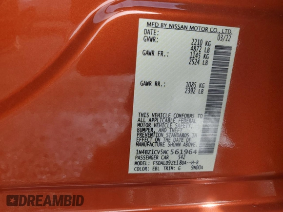 2022 Nissan LEAF SV Plus with VIN 1N4BZ1CV5NC561964, listed as a Copart auction lot 43735905 with 15,463 mi miles and Salvage Title. Bid and sale history available at DreamBid. Image 13.