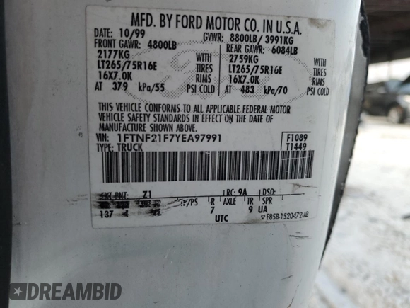 2000 Ford Super Duty F-250 XL with VIN 1FTNF21F7YEA97991, listed as a Copart auction lot 54577544 with 82,036 mi miles and Salvage Title. Bid and sale history available at carsss.com. Image 14.
