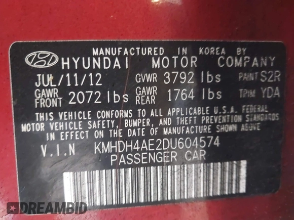 2013 Hyundai Elantra Limited with VIN KMHDH4AE2DU604574, listed as a IAAI auction lot 41638379 with 164,276 mi miles and . Bid and sale history available at DreamBid. Image 9.