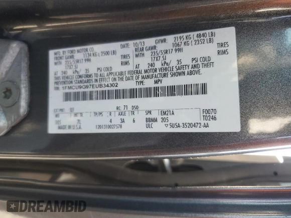 2014 Ford Escape SE z VIN 1FMCU9G97EUB34302, wystawiony jako Copart lot #61692815 z przebiegiem 158 068 mil mil oraz Czysty tytuł • Clean title. Historia ofert i sprzedaży dostępna na DreamBid. Obrazek 13.