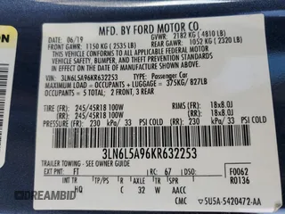 2019 Lincoln MKZ Standard with VIN 3LN6L5A96KR632253, listed as a Copart auction lot 85334954 with 91,544 mi miles and Salvage Title. Bid and sale history available at carsss.com. Image 12.