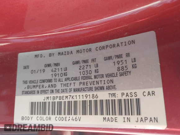 2019 Mazda 3 Premium with VIN JM1BPBEM7K1119186, listed as a IAAI auction lot 41862021 with 39,248 mi miles and . Bid and sale history available at DreamBid. Image 9.