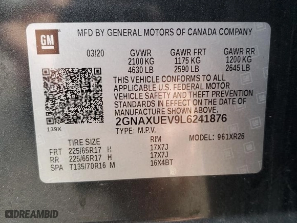 2020 Chevrolet Equinox LT with VIN 2GNAXUEV9L6241876, listed as a Copart auction lot 46735345 with 96,445 mi miles and Salvage Title. Bid and sale history available at carsss.com. Image 15.
