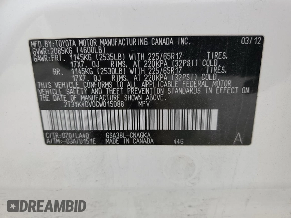 2012 Toyota RAV4 Limited z VIN 2T3YK4DV0CW015088, wystawiony jako Copart lot #47885465 z przebiegiem 134 278 mil mil oraz Szkoda całkowita • Salvage title. Historia ofert i sprzedaży dostępna na DreamBid. Obrazek 13.