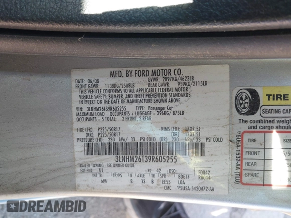 2009 Lincoln MKZ with VIN 3LNHM26T39R605255, listed as a IAAI auction lot 38514339 with 93,700 mi miles and . Bid and sale history available at DreamBid. Image 9.