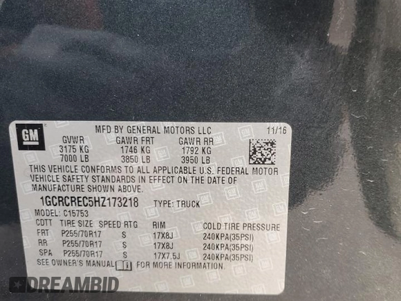 2017 Chevrolet Silverado 1500 LT with VIN 1GCRCREC5HZ173218, listed as a Copart auction lot 84840774 with 182,136 mi miles and Salvage Title. Bid and sale history available at DreamBid. Image 14.