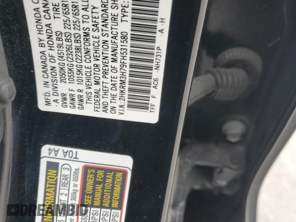 2015 Honda CR-V EX-L with VIN 2HKRM3H79FH531580, listed as a Copart auction lot 46922845 with 0 mi miles and Salvage Title. Bid and sale history available at carsss.com. Image 13.