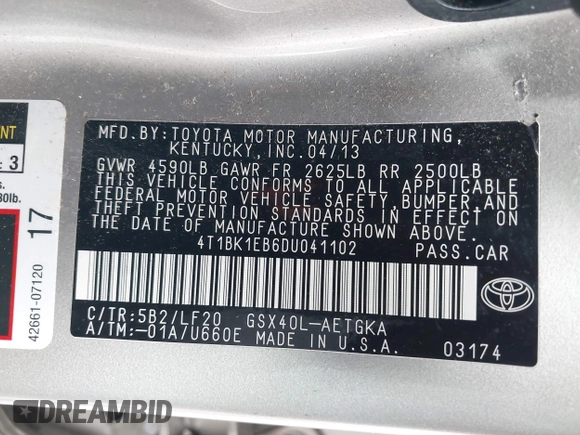 2013 Toyota Avalon XLE with VIN 4T1BK1EB6DU041102, listed as a IAAI auction lot 41713215 with 46,764 mi miles and . Bid and sale history available at DreamBid. Image 9.