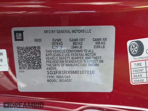 2021 Chevrolet Camaro 1LT with VIN 1G1FB1RX9M0107010, listed as a IAAI auction lot 42629591 with 65,450 mi miles and . Bid and sale history available at DreamBid. Image 9.