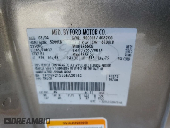 2005 Ford F-250 XL with VIN 1FTNF21555EA30163, listed as a Copart auction lot 45537455 with 126,721 mi miles and Salvage Title. Bid and sale history available at DreamBid. Image 14.