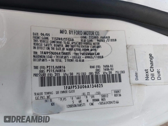 2006 Ford Taurus SE with VIN 1FAFP53U06A134825, listed as a IAAI auction lot 41540700 with 177,640 mi miles. Bid and sale history available at carsss.com. Image 9.
