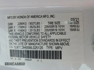 2021 Acura RDX Technology with VIN 5J8TC2H55ML025126, listed as a Copart auction lot 55980445 with 37,020 mi miles and Non repairable. Bid and sale history available at DreamBid. Image 13.