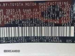 2017 Toyota Corolla L with VIN 2T1BURHE3HC925858, listed as a IAAI auction lot 42388175 with 101,057 mi miles and . Bid and sale history available at DreamBid. Image 9.