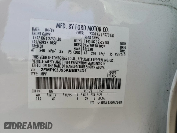 2019 Ford Edge SEL with VIN 2FMPK3J95KBB97431, listed as a Copart auction lot 58790065 with 72,357 mi miles and Salvage title. Bid and sale history available at DreamBid. Image 14.