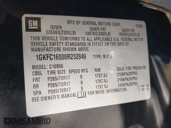 2008 GMC Yukon XL SLT 4SB with VIN 1GKFC16008R232849, listed as a IAAI auction lot 41463014 with 266,448 mi miles and . Bid and sale history available at carsss.com. Image 9.