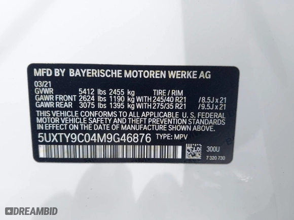 2021 BMW X3 M40i with VIN 5UXTY9C04M9G46876, listed as a IAAI auction lot 41965573 with 112,893 mi miles. Bid and sale history available at carsss.com. Image 9.