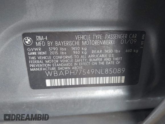 2009 BMW 3 Series 328i with VIN WBAPH77549NL85089, listed as a IAAI auction lot 42623111 with 121,369 mi miles and . Bid and sale history available at DreamBid. Image 9.