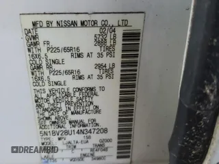 2004 Nissan Quest SE with VIN 5N1BV28U14N347208, listed as a Copart auction lot 42295345 with 222,209 mi miles and Salvage Title. Bid and sale history available at carsss.com. Image 13.